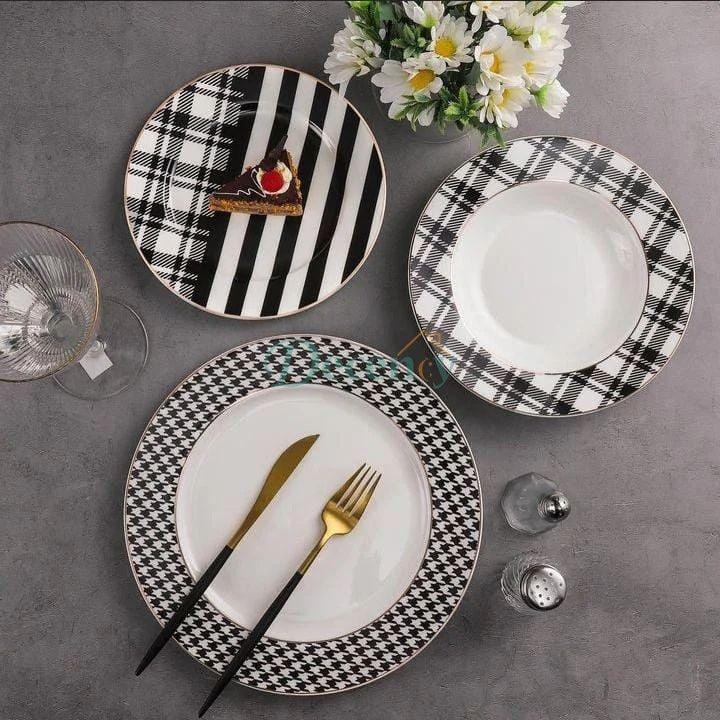 18-Piece Bone China Dinner Set – Black & White Geometric Pattern
