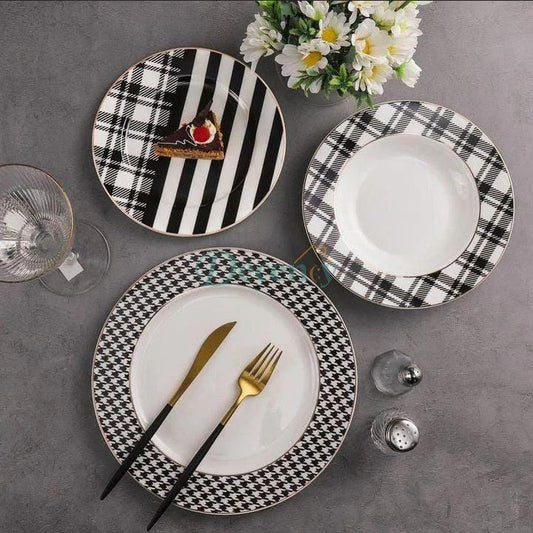 18-Piece Bone China Dinner Set – Black & White Geometric Pattern