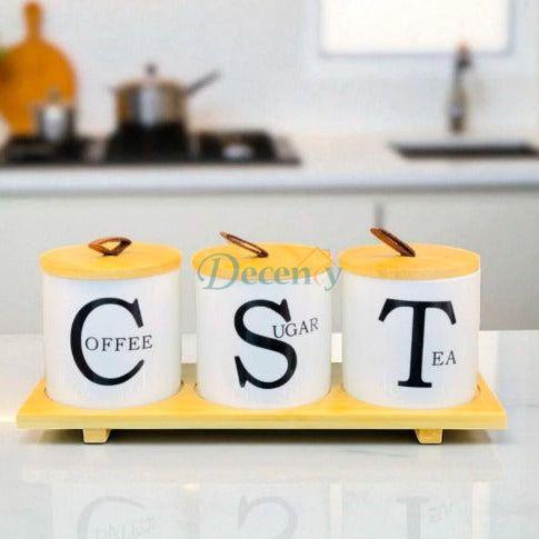 CERAMIC JAR SET WITH BAMBOO LIDS & TRAY - 3- PIECE ( 1 )