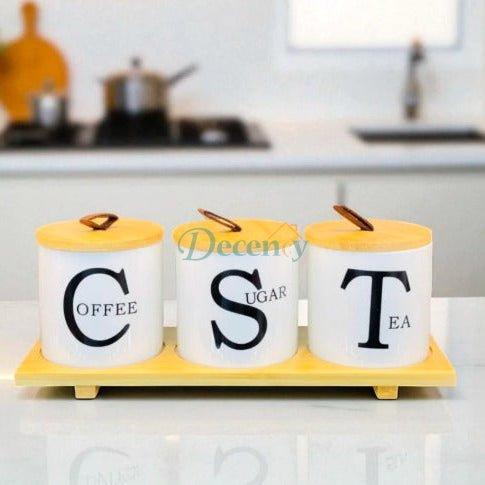 CERAMIC JAR SET WITH BAMBOO LIDS & TRAY - 3- PIECE ( 1 )