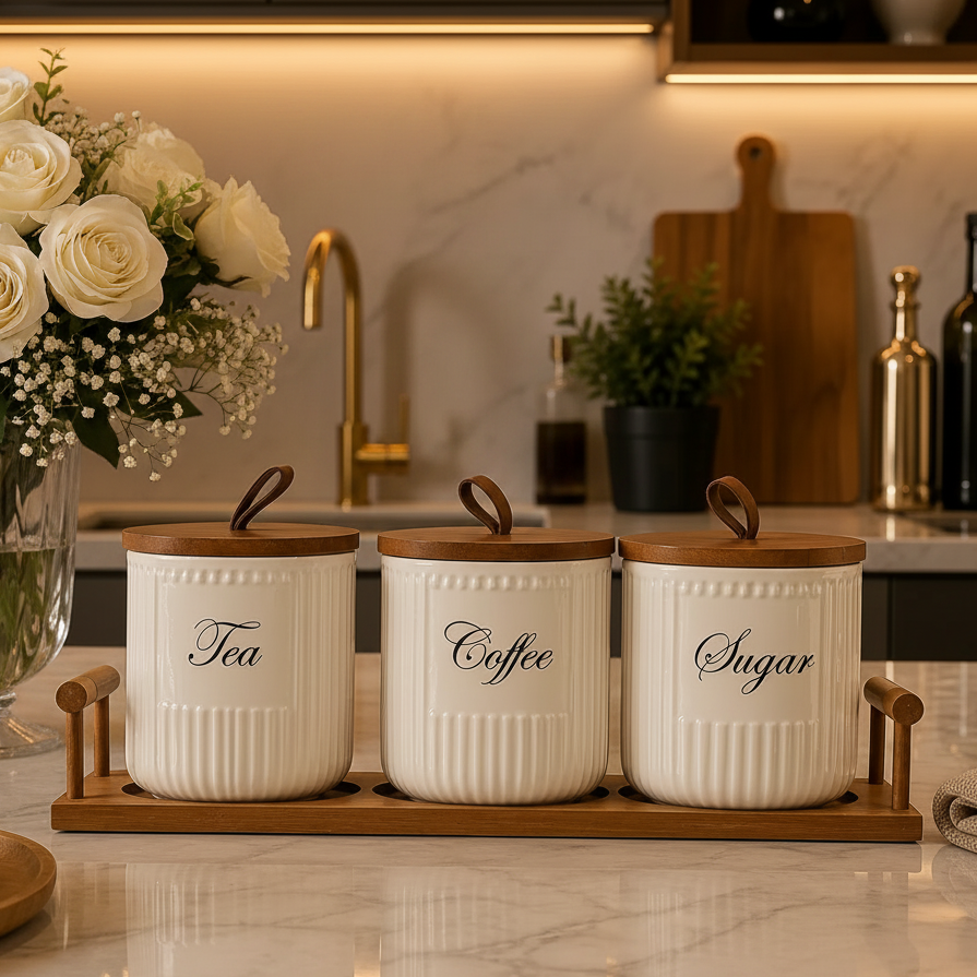 3-Piece Fluted Ceramic Storage Jar with Wooden Tray