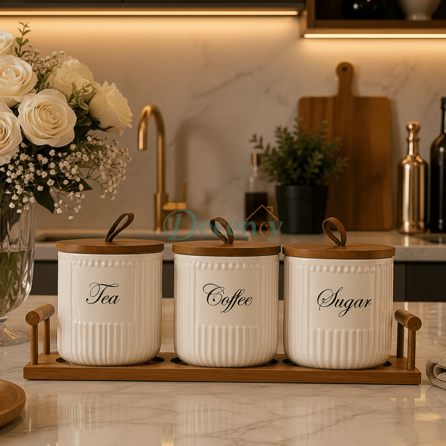 3-Piece Fluted Ceramic Storage Jar with Wooden Tray