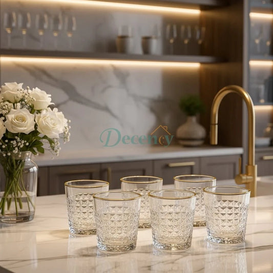 Luxe 6-Piece Crystal Cut Square Glass Set with Gold Rim