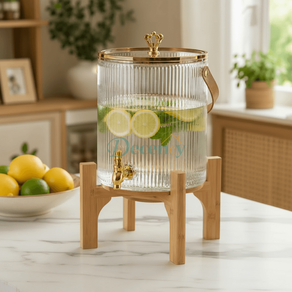 Luxury 5.5L Glass Drink Dispenser with Gold Tap & Wooden Stand