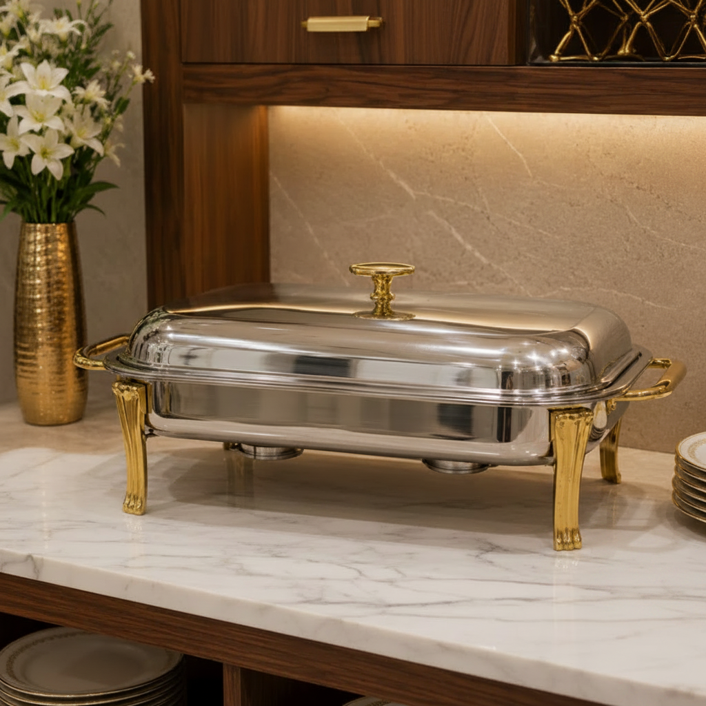 3L Rectangular Serving Chafing Dish – Stainless Steel & Gold