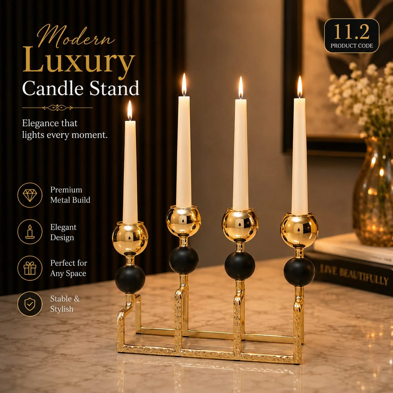 Luxury Black & Gold 4-Arm Candle Stand Centerpiece