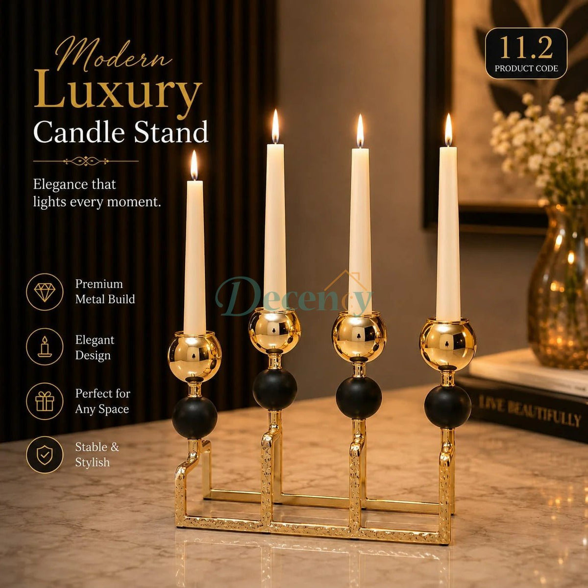 Luxury Black & Gold 4-Arm Candle Stand Centerpiece