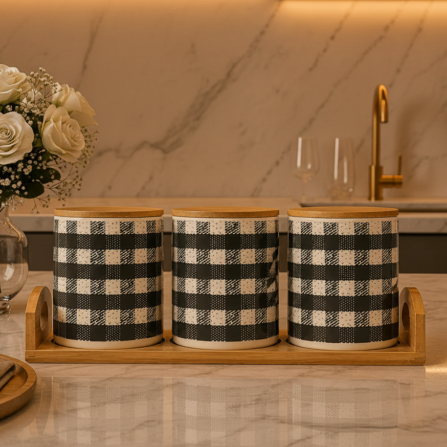 Buffalo Plaid Ceramic Kitchen Storage Canister Set of 3