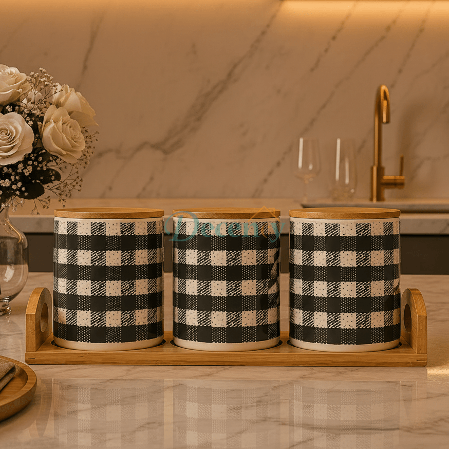 Buffalo Plaid Ceramic Kitchen Storage Canister Set of 3