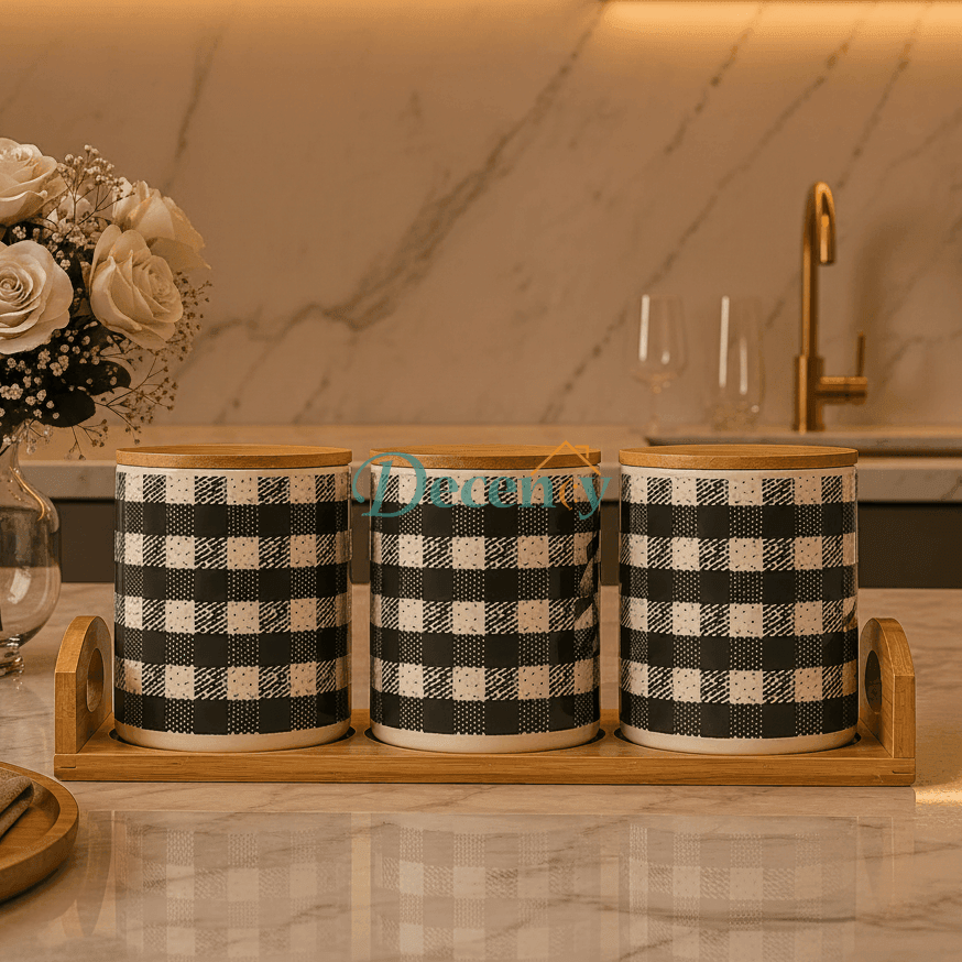 3-Piece Ceramic Spice Jar Set with Wooden Tray