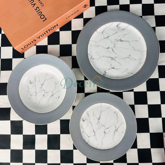 18-Piece Bone China Dinner Set – Grey and White Marble