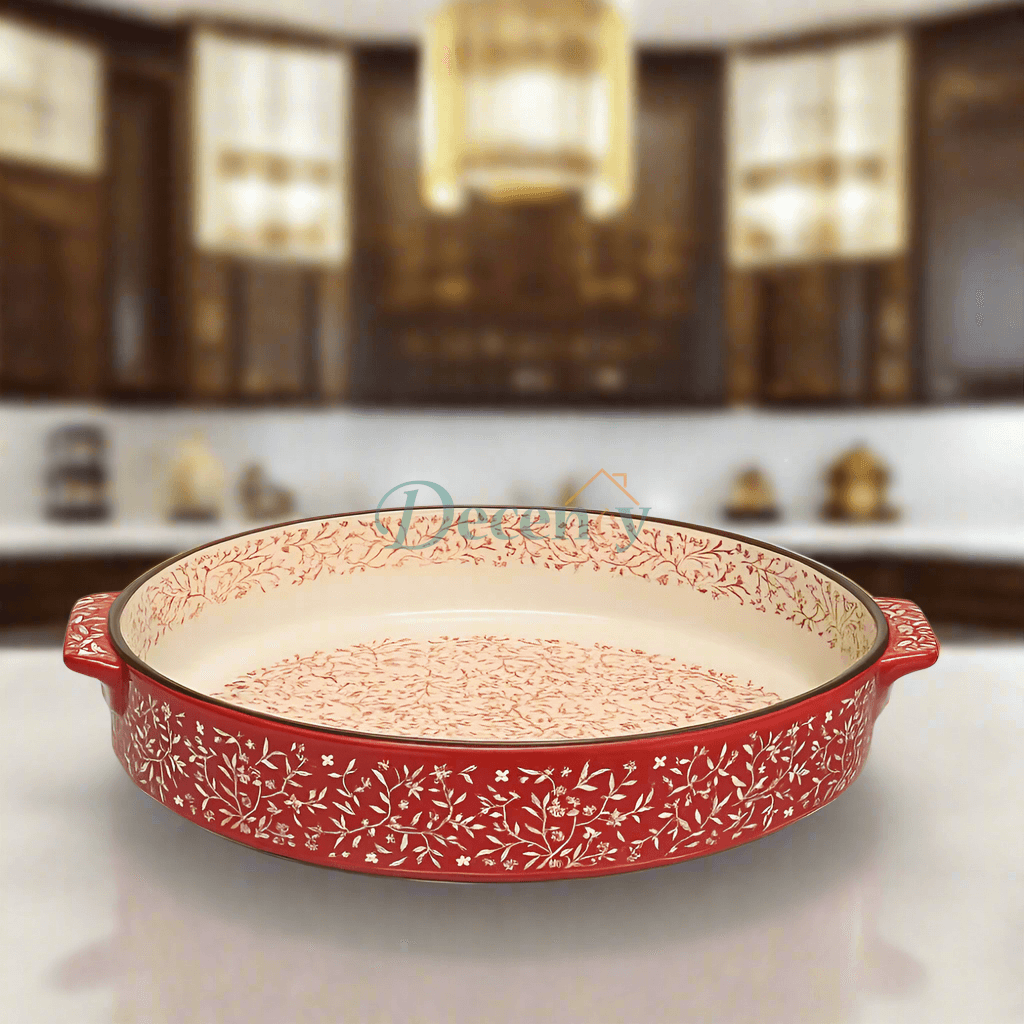 round ceramic baking tray, Danny Home baking dish, ceramic bakeware round, oven-safe ceramic tray, glazed ceramic round dish, stylish bake and serve tray