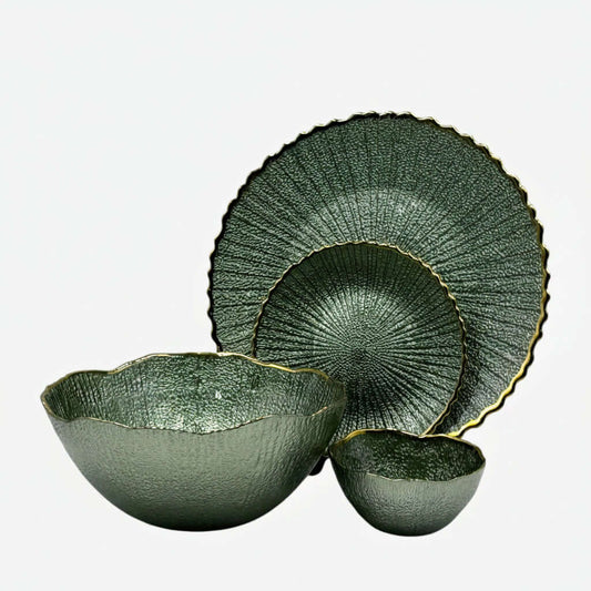 Elegant 14-Piece Textured Fruit & Cake Set – Deep Metallic Green with Gold Accents