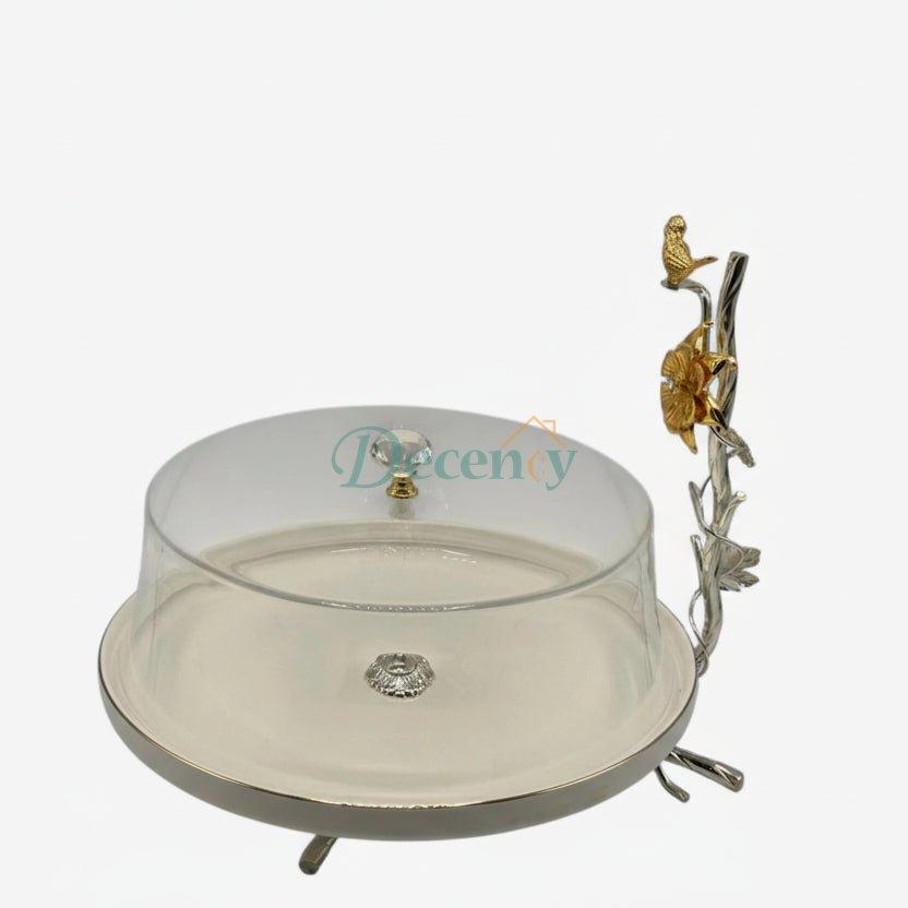 Luxury Crystal Dome Cake Stand with Gold Bird Handle – Elegant Serving Platter