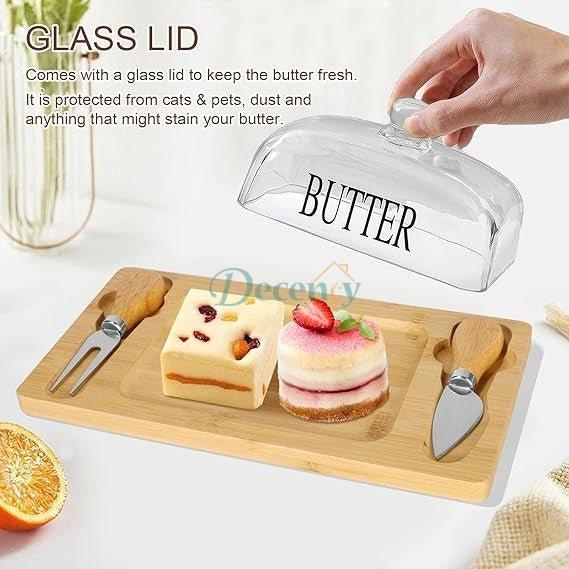 Glass Butter Dish with Tray & 2 Knives - Rectangle