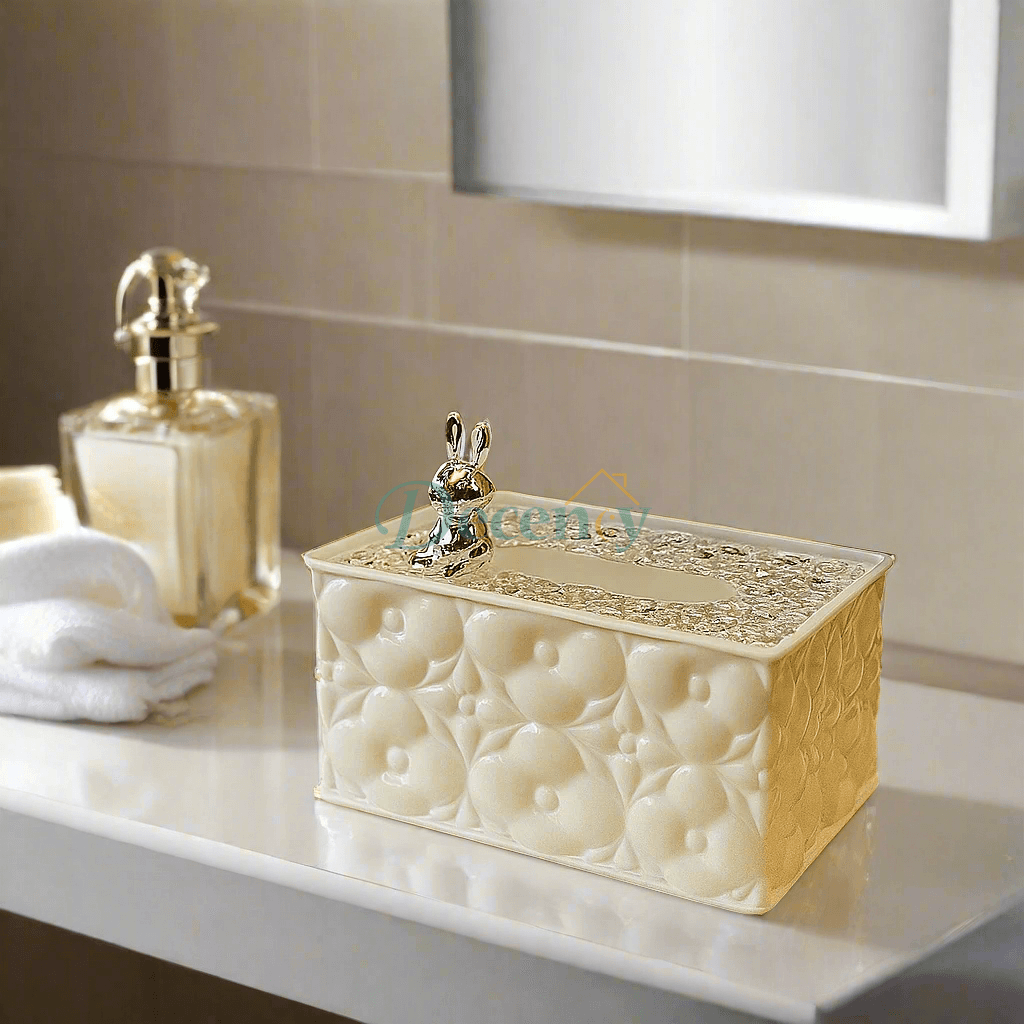 Luxury CrystalCharm Bunny Tissue Box with clear crystal lid and chrome bunny handle – elegant decorative tissue holder for home, office, or vanity décor