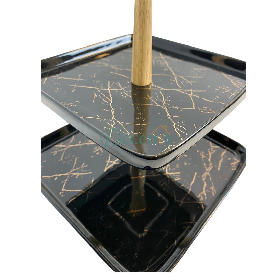 Two Tier Ceramic Serving Tray with Wooden Handle