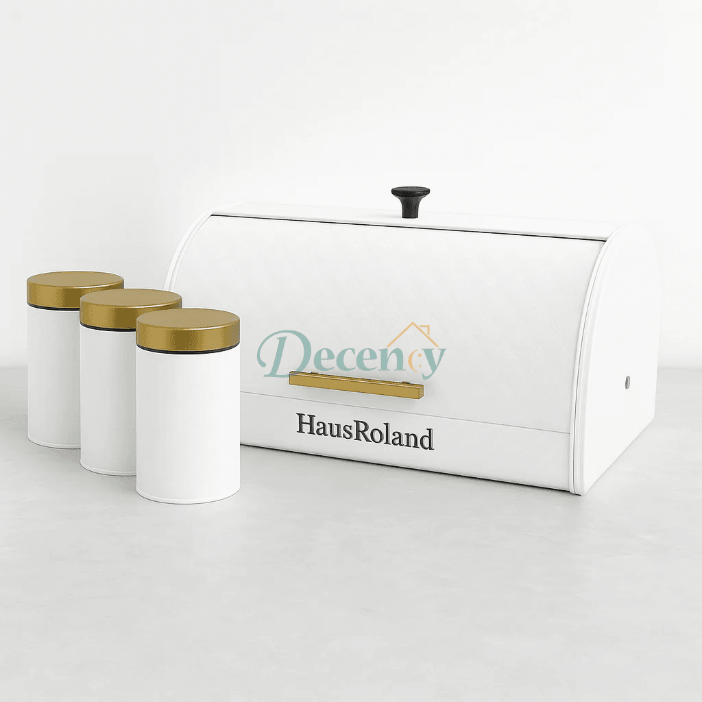 HausRoland Luxe Quilted Bread Bin & Canister Set – White & Gold