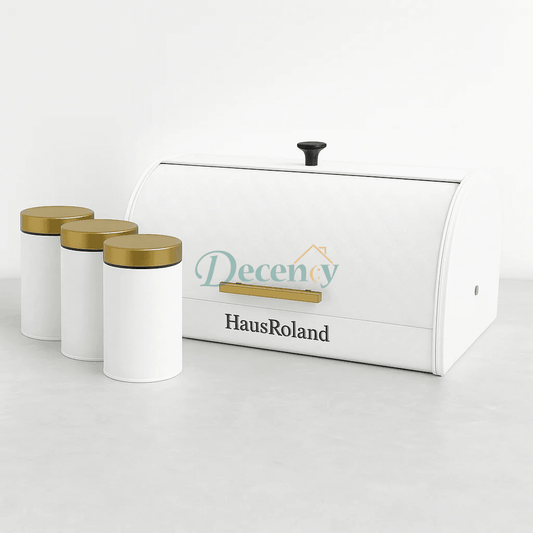 HausRoland Luxe Quilted Bread Bin & Canister Set – White & Gold