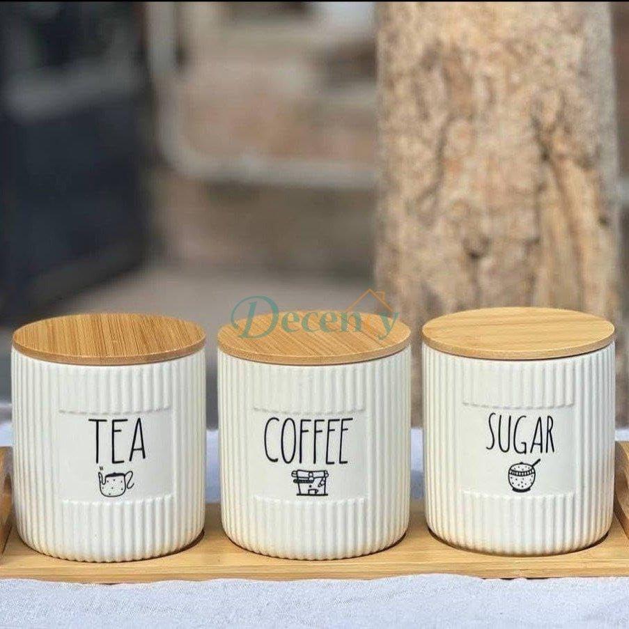 Luxury Ceramic Tea, Coffee & Sugar Canister Set with Wooden Tray