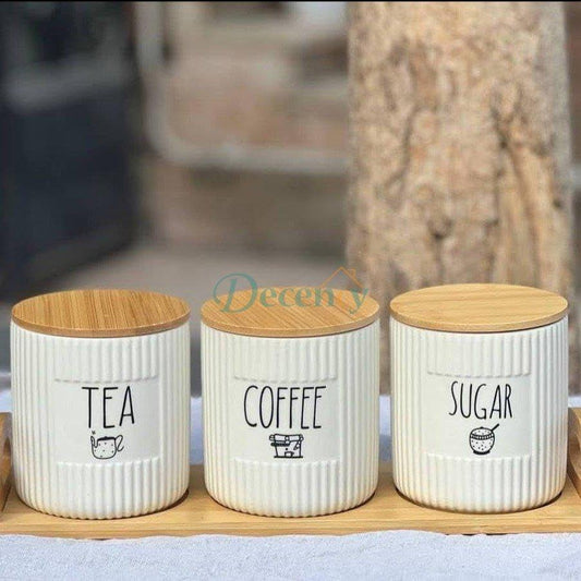 Luxury Ceramic Tea, Coffee & Sugar Canister Set with Wooden Tray