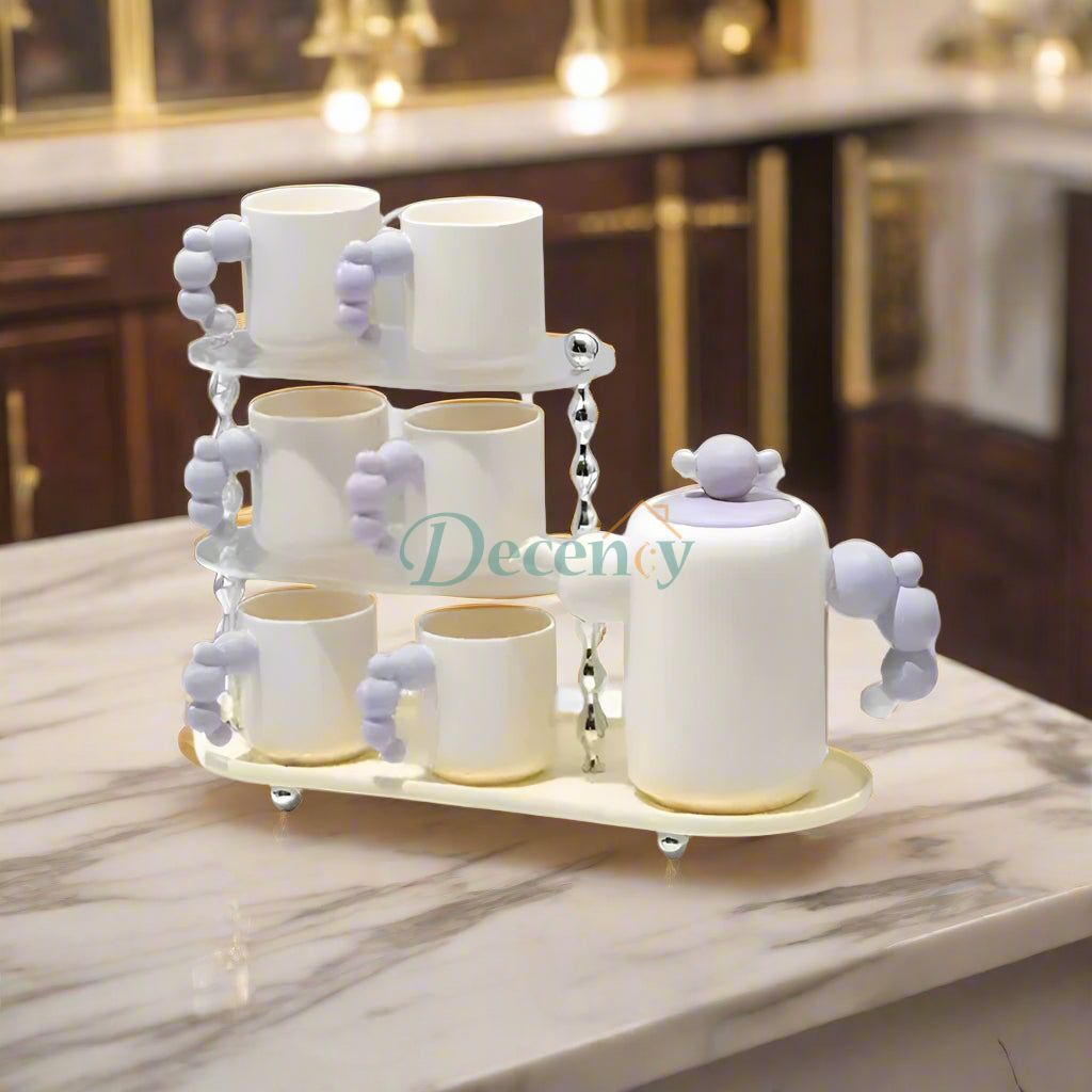 9Pcs Ceramic Tea Set With Wooden Stand