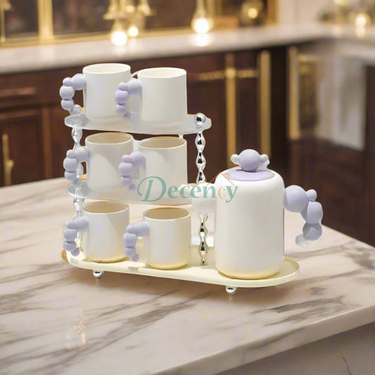 9Pcs Ceramic Tea Set With Wooden Stand