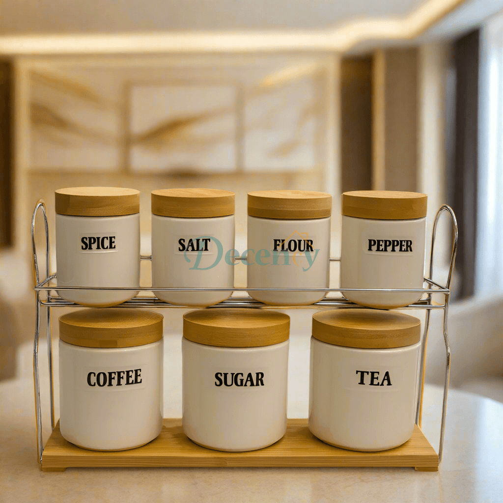 ceramic storage jar set, bamboo lid canister set, kitchen countertop organizer, spice and snack jars, airtight food storage jars, ceramic containers with rack