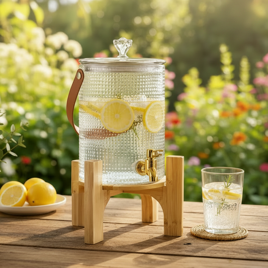 Luxury Glass Drink Dispenser 3.6L with Wooden Base & Gold Tap