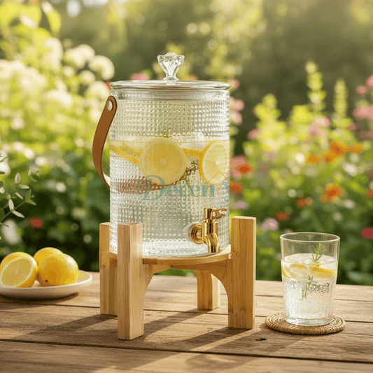 Luxury Glass Drink Dispenser 3.6L with Wooden Base & Gold Tap