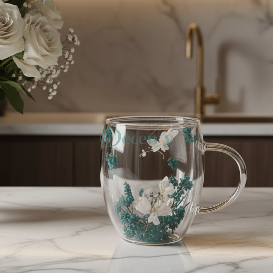 Double Wall Flower Glass Coffee Mug with Azure Blossom 350 ML