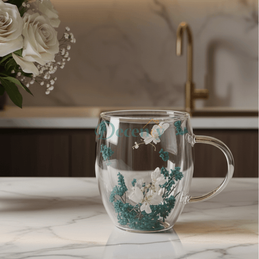 Double Wall Flower Glass Coffee Mug with Azure Blossom 350 ML