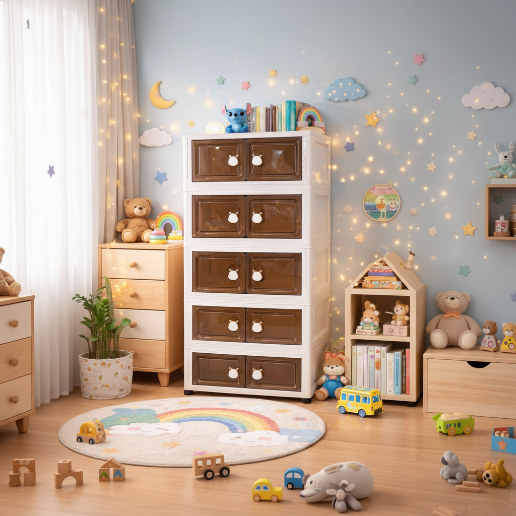 Luxury Kids 5 Layer Storage Cabinet with Display Doors & Drawers - Model 3