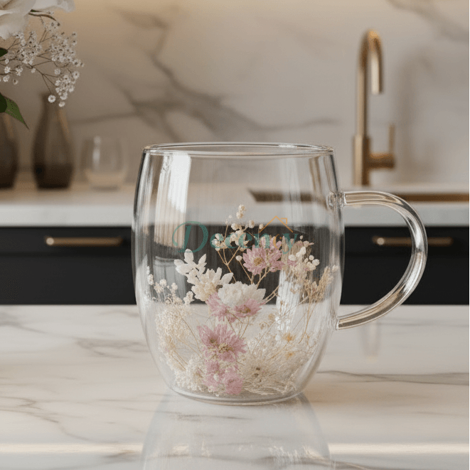 Double Wall Flower Glass Coffee Mug with Bloom Flowers 350 ML