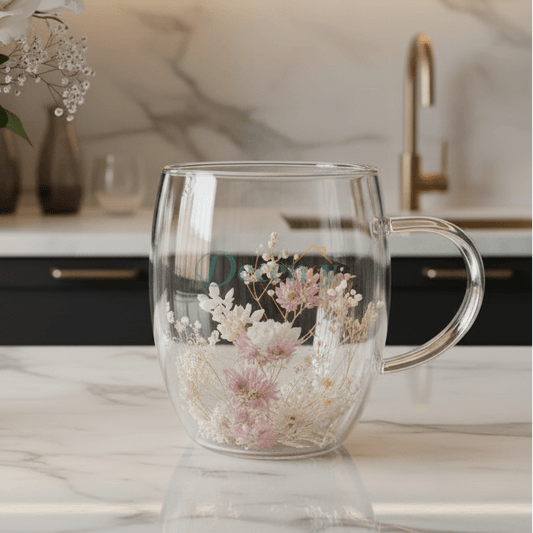 Double Wall Flower Glass Coffee Mug with Bloom Flowers 350 ML