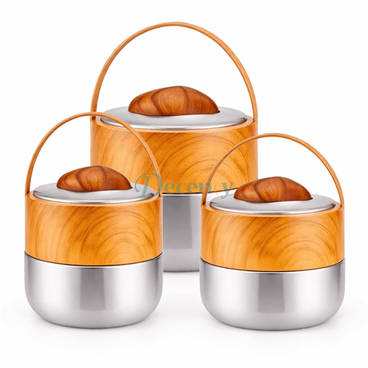 Wooden Finish Hot Pot Set – 3 Pcs Insulated Casserole Set