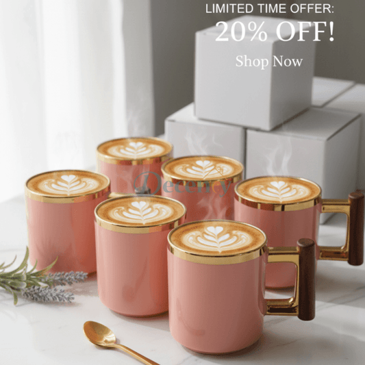 Luxury Ceramic Coffee Mug with Gold Trim & Ergonomic Wood Handle