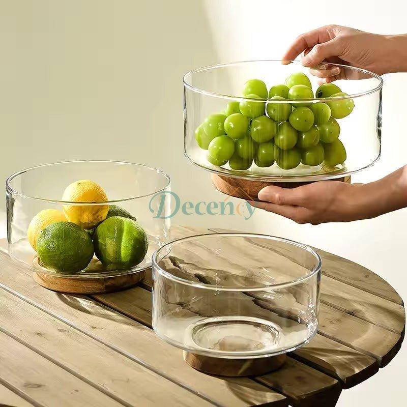 Modern Glass Fruit Bowl With Premium Wooden Base