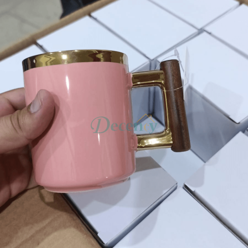 Luxury Ceramic Coffee Mug with Gold Trim & Ergonomic Wood Handle