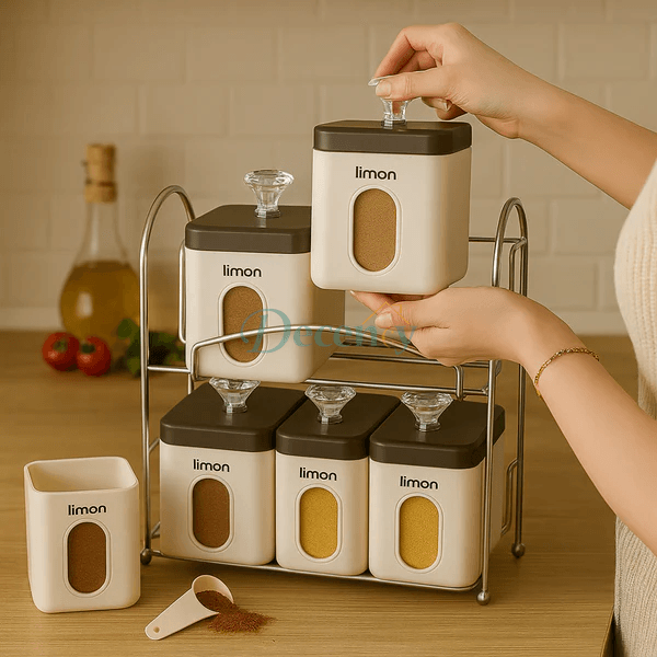 Limon 7-Piece Spice Jar Set with Metal Rack