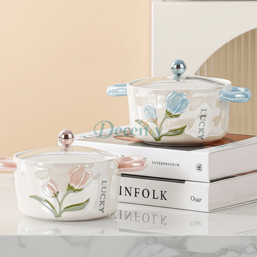 Luxury Floral Heat-Resistant Porcelain Cooking Pot with Glass Lid (1200ML)