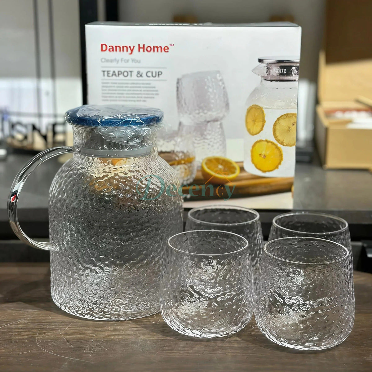 Danny Home 5Pcs Teapot & Glass Set - Hammered Stripe