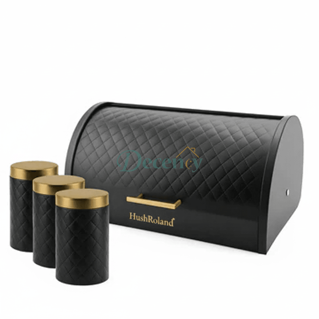 HausRoland Luxe Quilted Bread Bin & Canister Set – Black & Gold
