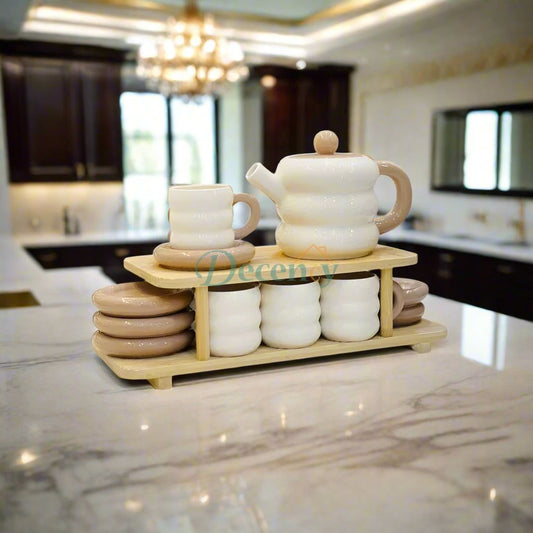 15Pcs Ceramic Tea Set With Wooden Stand