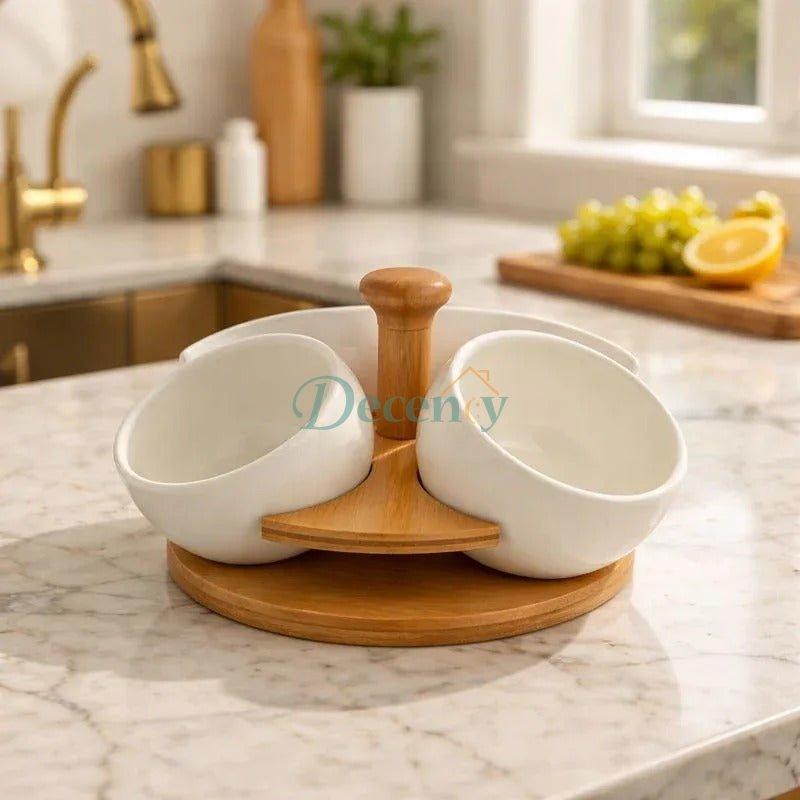 Luxury Ceramic Condiment Bowl Set with Wooden Stand – 4 Pieces