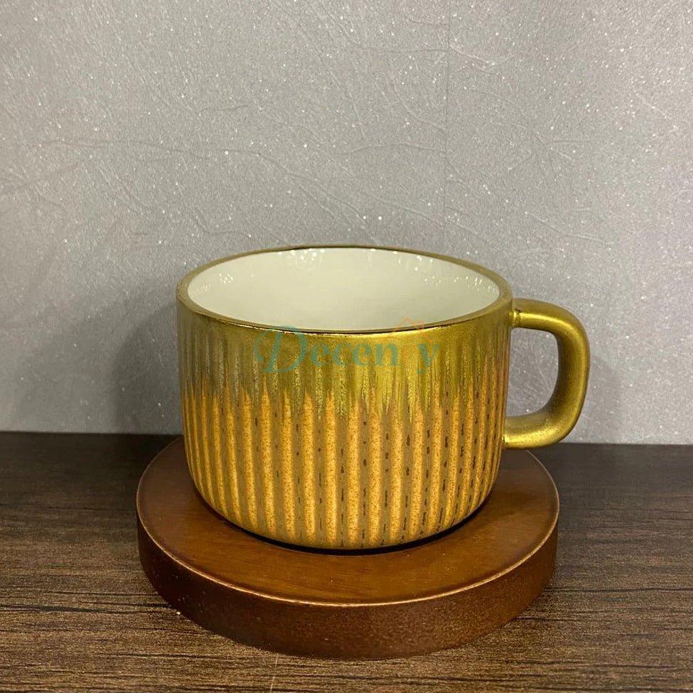 Luxury Stoneware Coffee Cup Set with Wooden Saucers – 6 Piece