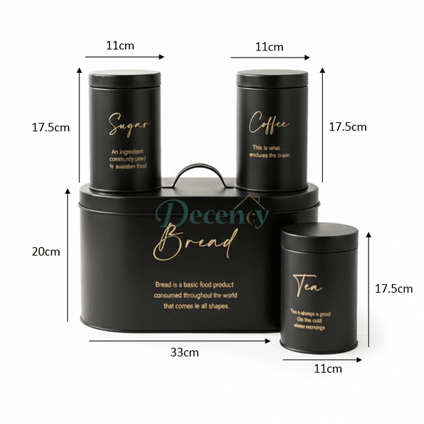 Luxury 4-Piece Bread, Tea, Coffee, and Sugar Canister Set - Black