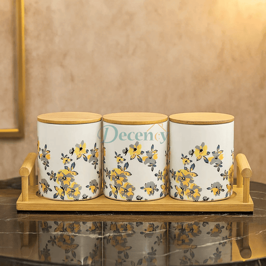 Luxury Floral Ceramic Storage Jar Set with Wooden Lids & Tray (3-Piece)