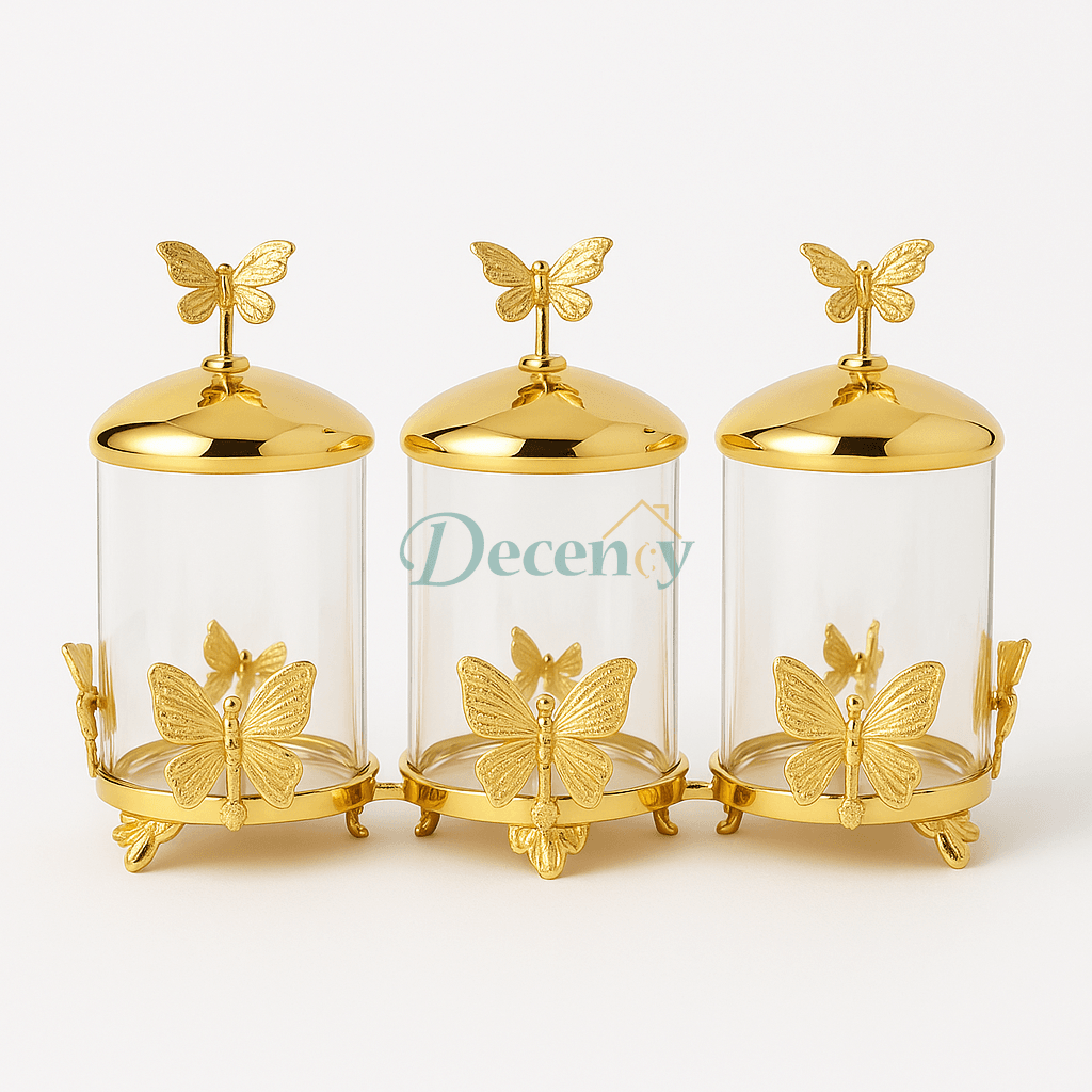 Golden Butterfly 3-Piece Glass Condiment Jar Set