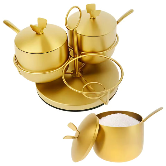 Luxury Gold Stainless Steel Condiment & Spice Pot Set with Stand – Premium Kitchen Serving Jars (3-Piece)